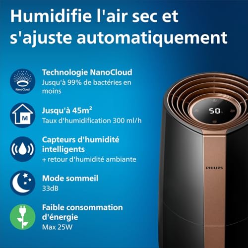 Humidificateur Philips Série 3000, 45 m², 99,97% moins de bactéries, 300 ml/h, 3 vitesses, mode sommeil, ultra silencieux (33 dB), capteur d'humidité, minuteur, réservoir 3L, noir (HU3918/10)