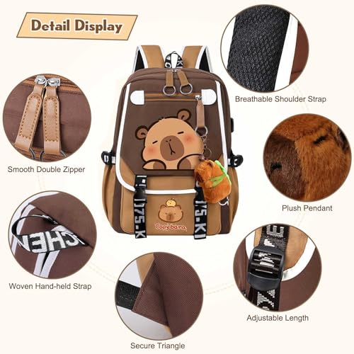 Cute Capybara Backpack for Kids,Cartoon Backpacks Casual Flap Schoolbag Daypacks with Pencil Case and Accessories for Traveling School Camping,Brown 43