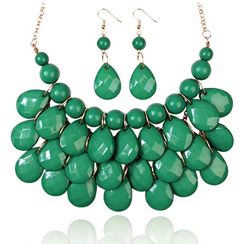 RIAH FASHION Chunky Acrylic Jewel Cluster Floating Bubble Statement Necklace - Teardrop Dangle Layered Bib Collar (Emerald Green)