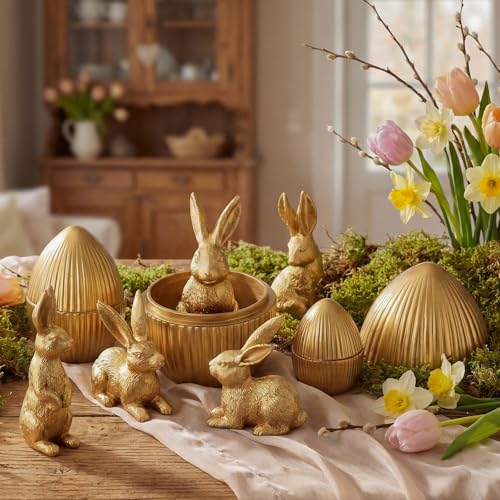 Wesiti 8 Pack Gold Easter Eggs with Bunny Figurines 5 Rabbits & 3 Fillable Eggs Set Vintage Resin Bunny Table Centerpiece for Spring Home Decor Easter Party Supplies Egg Hunt Basket Stuffer Filler