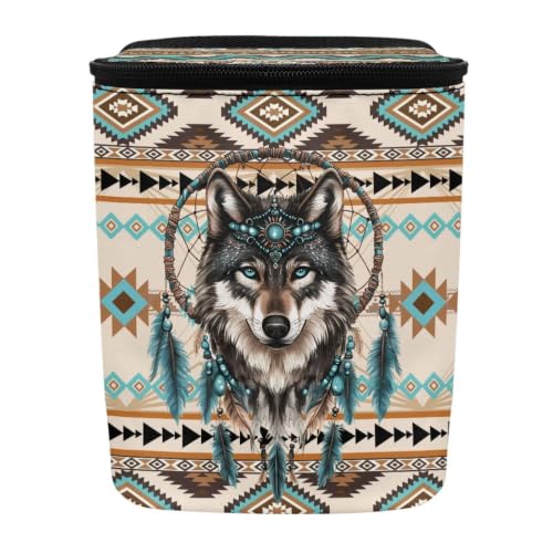 Image of Talayituse Aztec Tribe Wolf Pattern Car Trash Can with Lid, Leak Proof Auto Trash Bag Hanging Vehicle Garbage Can Multipurpose Storage Container for Back Seat Road Trip