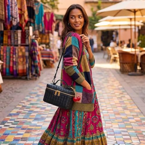Image of Small Woven Box Crossbody Bags for Women Designer Leather Mini Top Handle Clutch Purse Square Vanity Bag with Cherry Charm