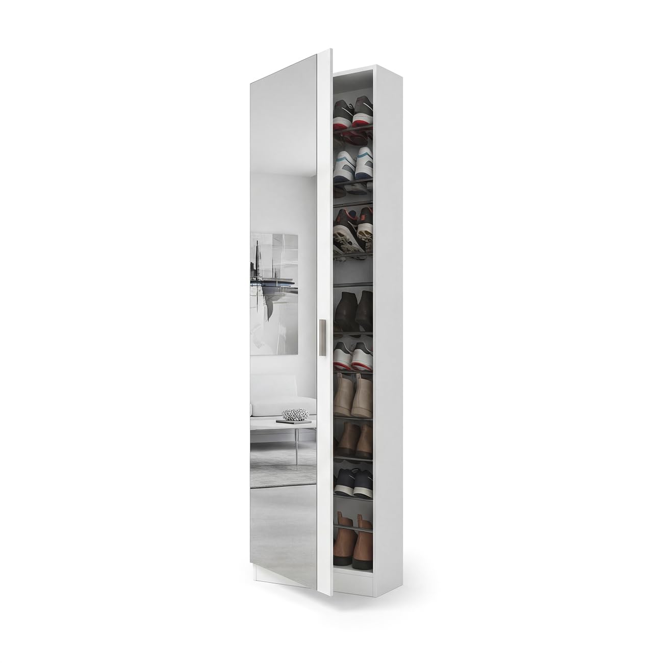 duehome | Armario Zapatero, Zapatero con Espejo, Modelo Roma, Acabado en Color Blanco Brillo, Medidas: 50 cm (Ancho) x 180 cm (Alto) x 20 cm (Fondo)