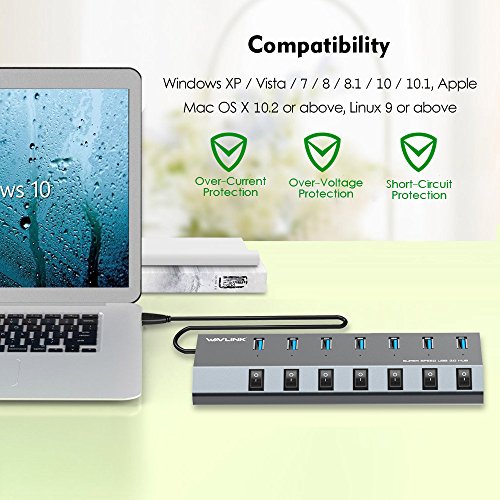 WAVLINK Hub USB 3.0 a 7 porte in alluminio con interruttore indipendente e supporto di ricarica rapida