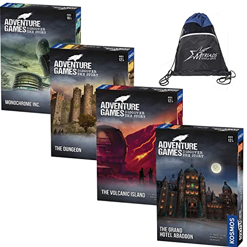 Thames & Kosmos Adventure Games Set Of 4: The Dungeon, Monochrome Inc., The Volcanic Island, And The Grand Hotel Abaddon, With Myriads Drawstring Bag #TOP21
