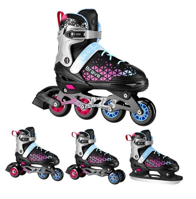 Brave 4-in-1 Inline Skates, Adjustable Ice Skates for Adults and Teenagers, Black/Pink/Blue