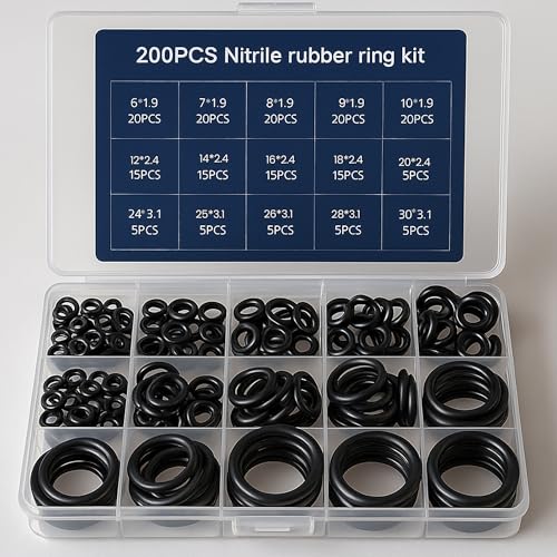 200pcs Rubber O-Ring Seal Assortment Kit – Nitrile Gasket Washers for Plumbing, Mixer Taps, Seal Repair, Rubber Spacer Rings, Assorted Sizes for Home and Industrial Use