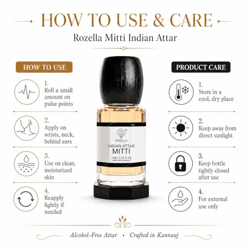 Image of ROZELLA Mitti Authentic Attar for Men and Women | Rain Soaked Earth Inspired Perfume Oil | Traditional Fragrance Blend | Non Alcoholic Long Lasting Fragrance Attar | 3 ml