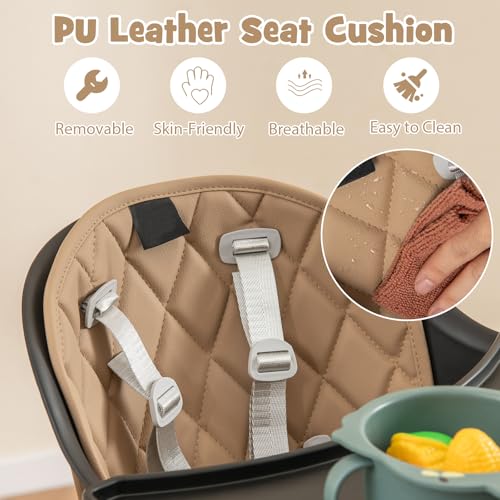 Image of HONEY JOY 5-in-1 High Chair, Convertible Highchair for Babies and Toddlers /Kids Chair Table Set /Infant Feeding Chair w /Safety Harness, PU Leather Cushion & Removable Food Tray (Coffee)
