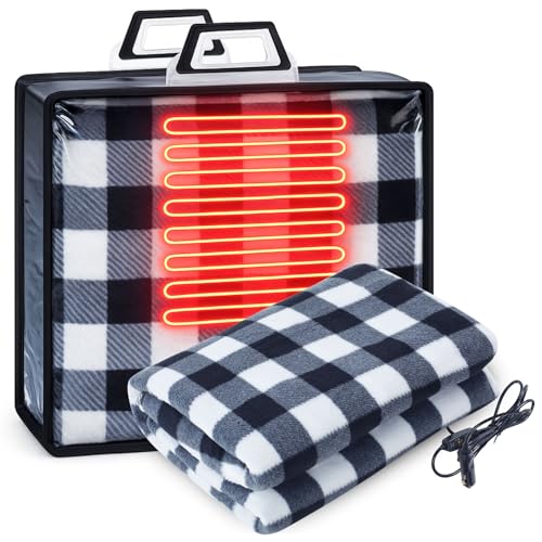Tuanse 58 x 43 Inches 12 Volt Heated Car Blanket Plug in Portable Car Electric Blanket with Cigarette Lighter, Temperature Controller and Storage Bag for Rv Truck Traveling(Black White,Plaid)