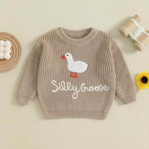 Toddler Baby Boy Girl Goose Sweater Silly Goose Embroidery Knit Sweater Crewneck Sweatshirt Fall Winter Clothes3