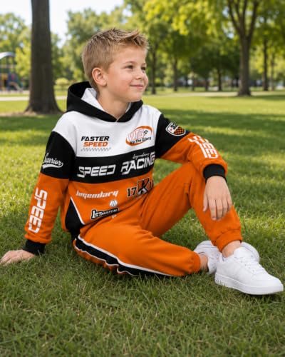 Image of Boy 2 Piece Outfits Long Sleeve Racing Hoodie Top and SweatPants Fall Winter Clothing Set Sizes 5-12 Years
