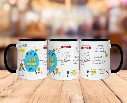 Image of DAYS Thank You Teacher Personalized Mug Custom Teacher's Name Best Teacher Gift, Teacher on Birthday Helping Me to Grow Ceramic Mug 11oz (Black Mug)