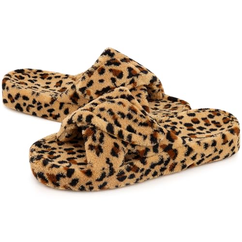 Image of shevalues Summer Arch Support Slippers for Women Adjustable Terry Cloth Fuzzy Indoor Slippers Open Toe House Shoes, New Leopard 7.5 Women/6 Men