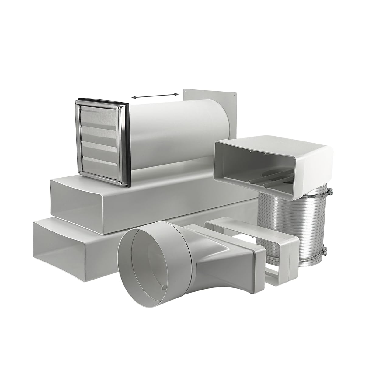 EASYTEC® Montagefertiges Mauerkasten-Set | DN Ø 150 mm | 220 x 90 | MK-SET1 | Edelstahl-Jalousie, Teleskoprohr, zweite Rückstauklappe, 2 m Flachkanal 220 x 90 mm, Verbinder, Umlenkbogen, Übergangsstück