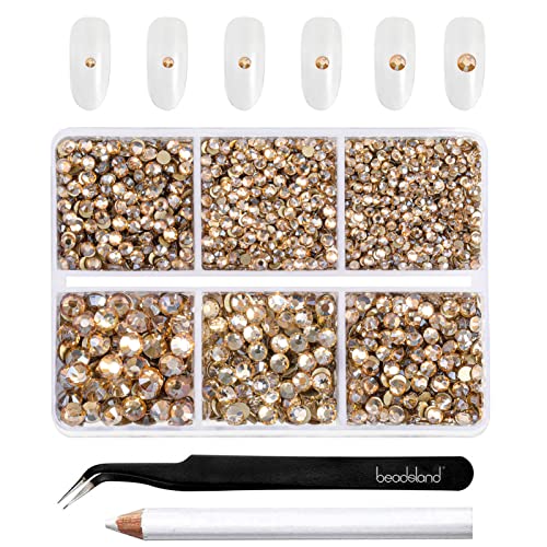 Beadsland 4300pcs Flatback Nail Rhinestones,Gold Rhinestones Round Crystal Gems for Crafts,Mixed 6 Sizes with Picking Tweezers and Wax Pencil Kit