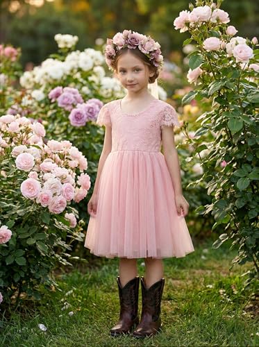 2Bunnies Girl Paisley Lace Back A-Line Tutu Tulle Party Flower Girl Dresses (Short Sleeve Knee-Dusty Pink, 5)