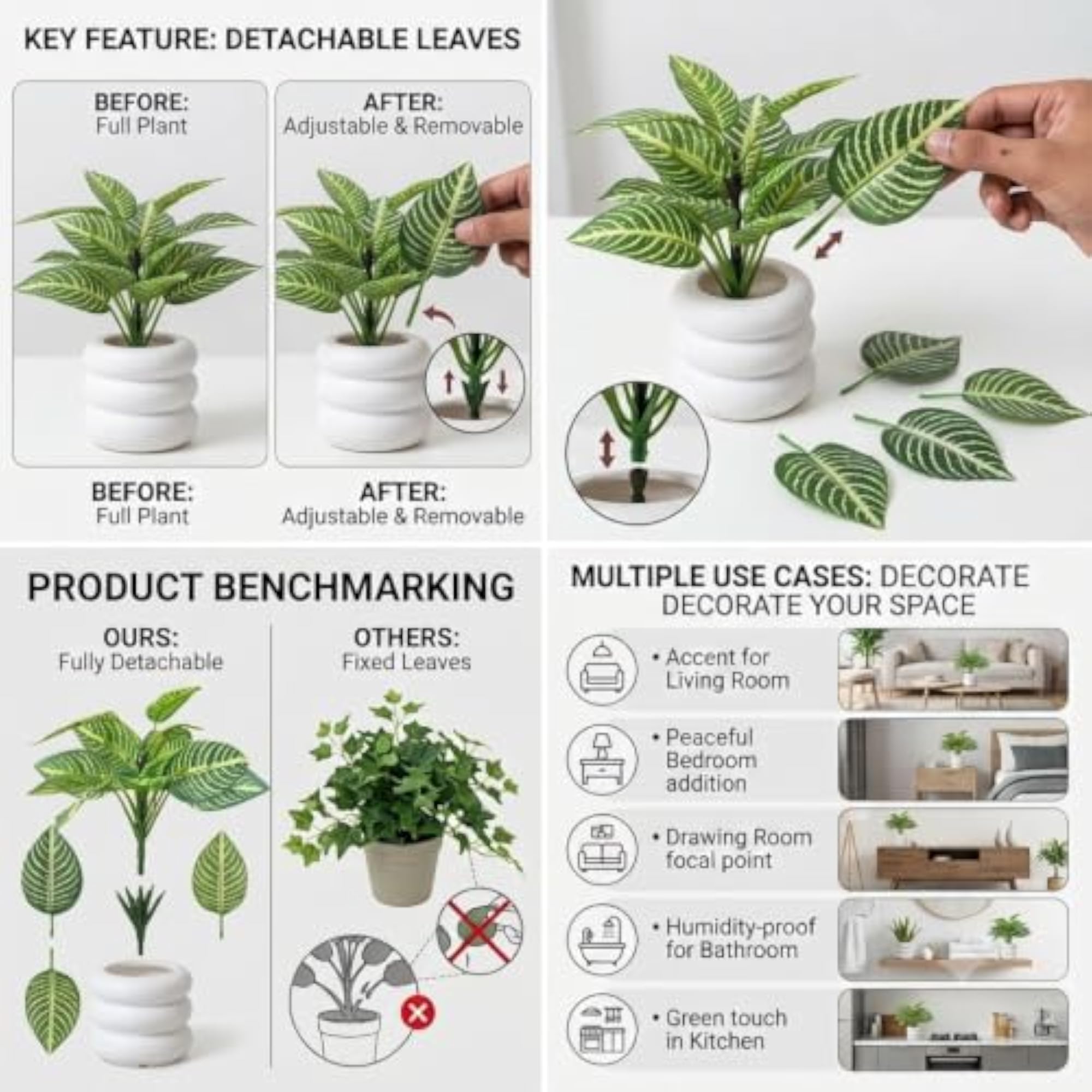 Artificial Plant with Pot, Detachable Leaves