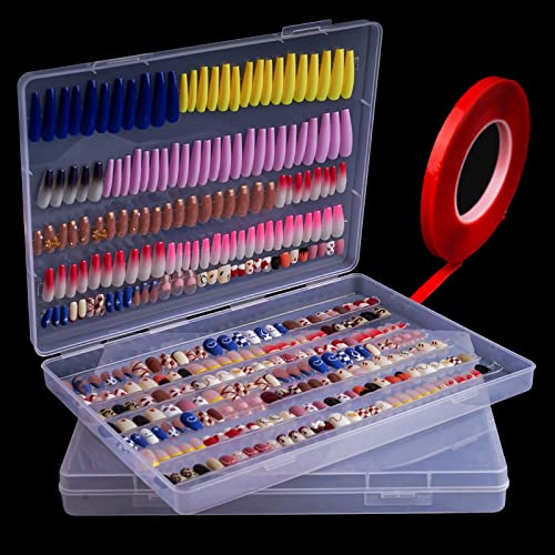 2PCS Press on Nail Organizer, Clear Press on Nail Storage Box Acrylic Nail Art Display Packaging Box Fake Nail Storage Case with Transparent Tape (Not Inlcuded Press on Nail) (12.4×9.1×1.3inch)
