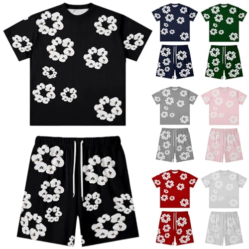 Gefomuofe Chándal para hombre Y2K Hip Hop D camiseta y pantalones cortos de verano de manga corta camisetas y pantalones unisex de verano de 2 piezas traje deportivo chándal hombre con flores, Negro