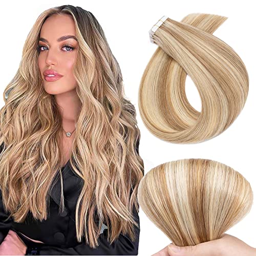 TESS Tape in Hair Extensions Human Hair 10 PCS #12P613 Golden Brown & Bleach Blonde