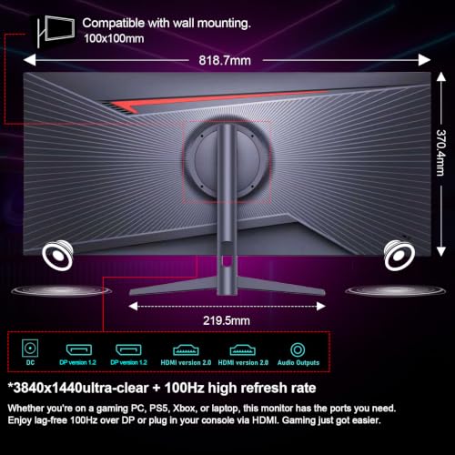 Image of Gawfolk 34 Inch Ultrawide Monitor 100Hz, 3440x1440 IPS Computer Display | 21:9 3800R Curved Screen Built-in Speakers, FreeSync, HDMI 2.0 x2 / DP1.4 x2, Wall-Mountable, Black