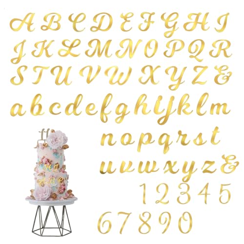 Lot de 64 A-Z Lettre et 0-9 Chiffres Gâteau Topper Lettres Capitale Alphabet Or en Miroir Acrylique Décorations de Gâteaux pour Mariage Anniversaire Fête...