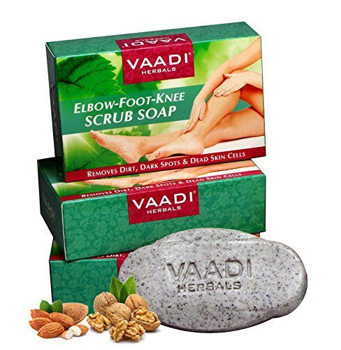 Image of Vaadi Herbals Elbow Foot Knee Scrub Soap with Almond and Walnut Scrub, 75g x 3 and Vaadi Herbals Super Value Luxurious Saffron Skin Whitening Therapy Soap, 75g (Pack Of 6)