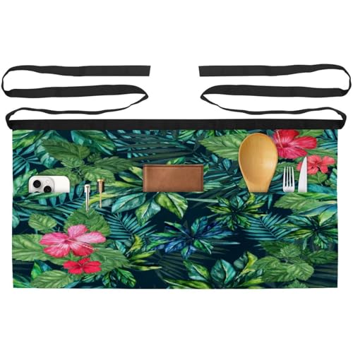 Tablier court de chef lot de 3 avec 3 poches pour cuisine et bistrot imprimé hibiscus