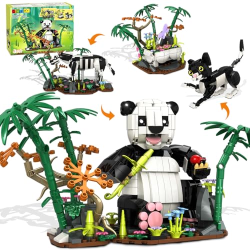 HiWEEGO 3 in 1 Wilde Tiere Panda Bausatz 724 Teile Tierfiguren Panda Katze Zebra Bausteinspielzeug Zuhause Büro Dekoration Modell Geburtstag Kinder Jungen Mädchen 9-12+ Jahren