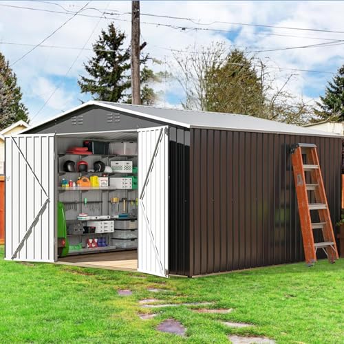Image of Polar Aurora 10x10 FT Outdoor Storage Shed, Metal Garden Shed with with Updated Frame Structure, Tool Sheds for Backyard Garden Patio Lawn, Black