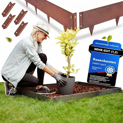 GREEN Spark® Cortenstahl Rasenkante [Schneckenabweisend] mit Berührschutz | 10x 1m, 1,5mm dick | zur Garten- und Beetgestaltung | Beeteinfassung Metall Cortenstahl Beeteinfassung Rasenkante Metall