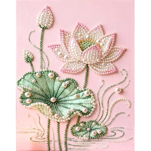 LCOZX 12x16 Inch Lotus Flower Pearl Pearl Diamond Painting Kits 3D Partial Drill Special Shape Art Craft for Adults & Beginners DIY Gem Picture for Wall Decor Birthday Gift No Frame Included