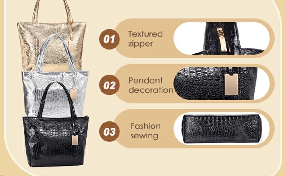 Mahadeku Large Capacity Crocodile Print Leather Tote Bag Reliable Zipper Long-Lasting Roomier for Work Travel Gym Silver - Image 4