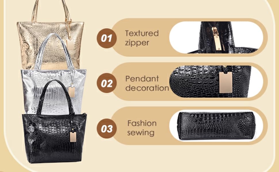 Bolso tote grande de cuero con estampado cocodrilo miniatura 3