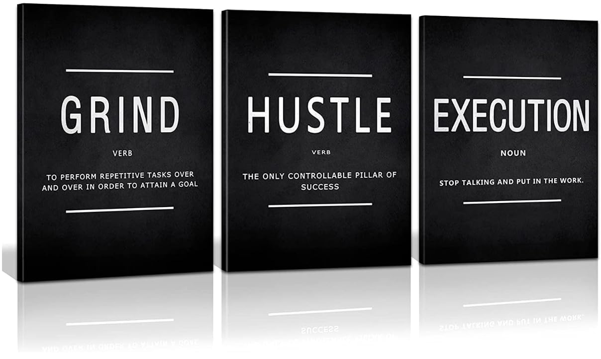 BPLUSTREE Motivational Canvas Wall Art, Hustle Grind Execute Wall Art Decor Set with 4 Non-Trace Hooks, Inspirational Quotes Posters for Home Office Workplace (Black, 3Pcs)