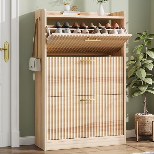 Shoe Cabinet Storage for Entryway Hidden Shoes Storage Cabinet with 3 Flip Drawers, Boho Fluted Shoe Rack Cabinet Large Tall Free Standing Shoe Organizer Cabinet for Foyer, Hallway (Natural Wood)