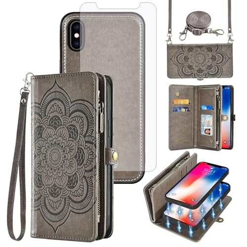 Coque iPhone Xs X fermeture eclair portefeuille avec vitre verre trempe protection