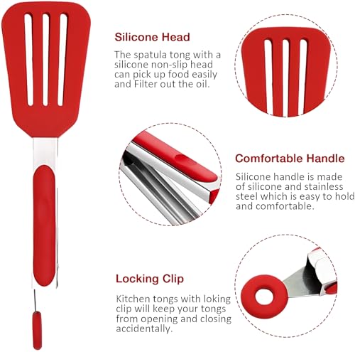 Image of YOMITH Stainless Steel Kitchen Tongs with Silicone Head, Nonstick Food Grade Cooking Tweezer Chimta for Buffet Multi Purpose Food Serving Tools (RED, 3 PCS Set)