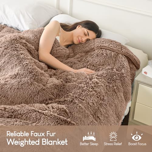 Image of Cottonblue Weighted Blanket 15 lbs for Adults Queen Size, Luxury Sherpa Faux Fur Reversible Plush Weighted Blankets Throw 60x80 in, Snugly Long Fur Warm Heavy Blanket for Couch Sofa Bed, Brown /Khaki