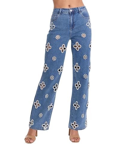 Women's High Waisted Wide Leg Jeans Trendy Stretch Pearl Floral