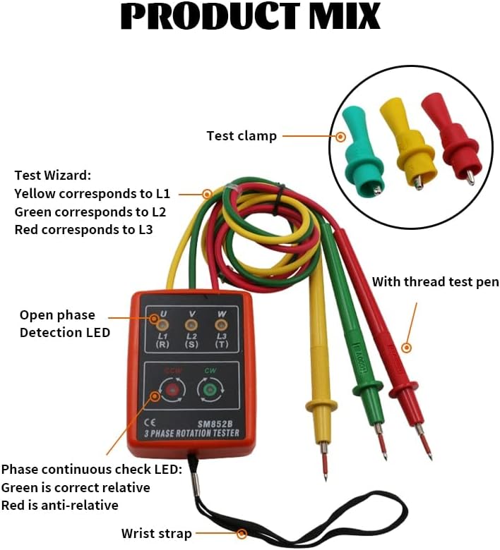 Jyving SM852B 3-Phase Rotation Tester being used to test an electrical panel.