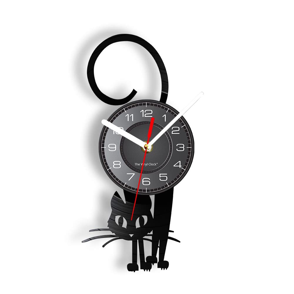 Smotly Black Vinyl Wall Clock, Cat Shaped Design Simulation, Gift For Animal Lovers.（Without Lights Light/Gift: Hook+Gift Bag）