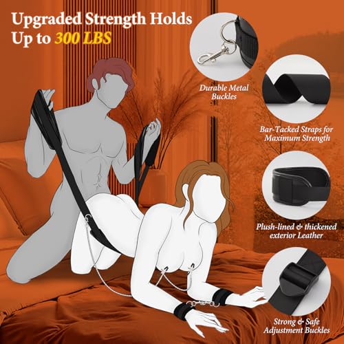 Image of Sex Bondage Restraints BDSM Kit - Leather Neck to Thigh /Ankle Sling Bed Restraints Set for Couples, Adjustable Sex Straps with Handcuffs & Detachable Nipple Clamps, Adult Sex Toys for Women Men