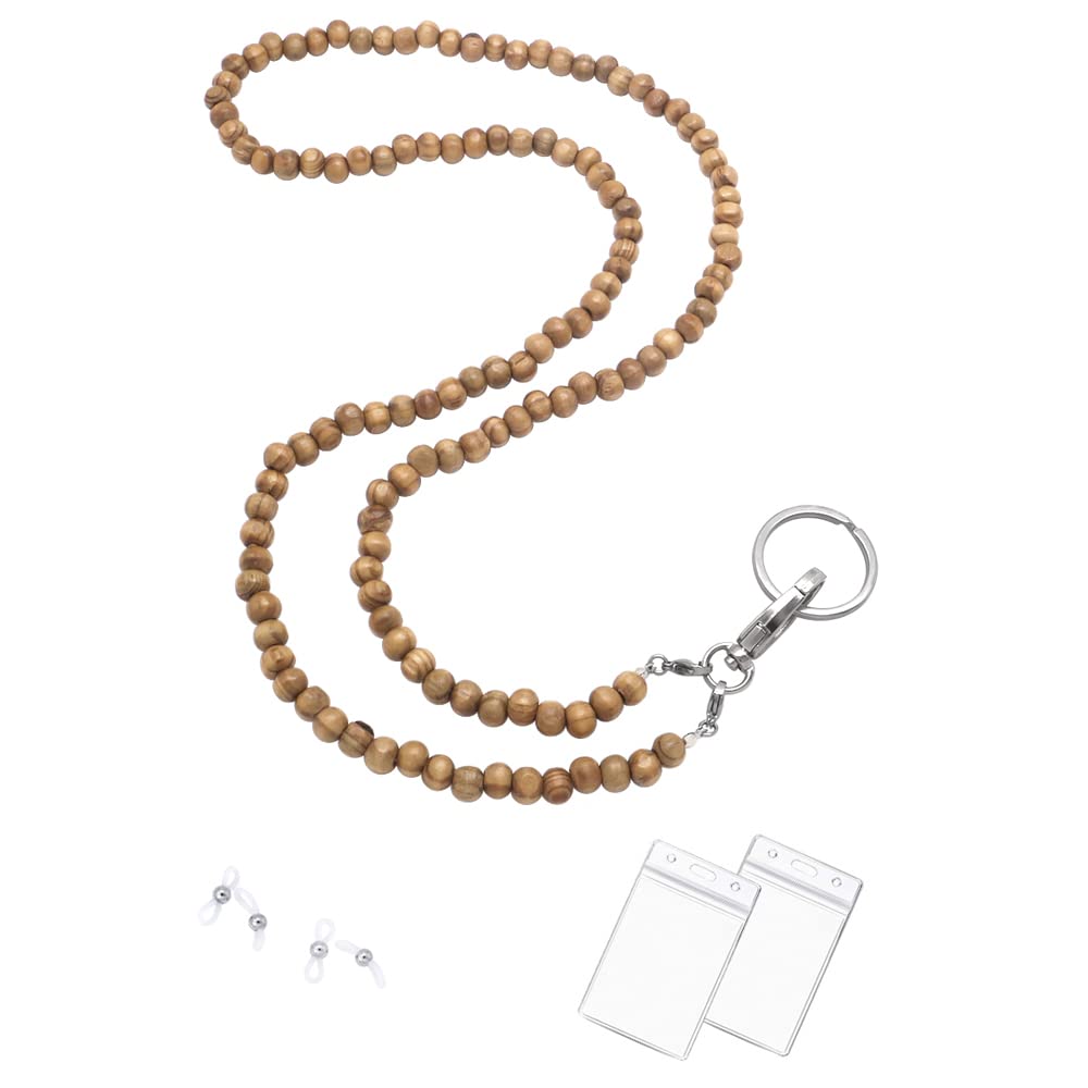 C&L Accessories Wooden Beaded Lanyard with ID Holder - Cute Teacher Lanyards for Women - Natural Brown