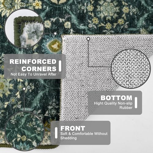 KILOCOCO 2x6 Runner Rug, Moroccan Super Soft Washable Hallway Entryway Runner Rug, Accent Print Faux Wool Kitchen Runner Rug 6 Feet Non-Slip Boho Rug Runner for Laundry Room Bedroom, Dark Green