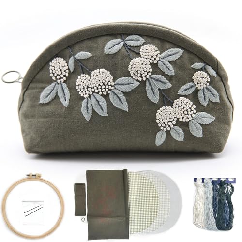 FONNUY Embroidery Kit Makeup Bag for Beginners, Flowers Pre-Stamped Pattern Handbag Coin Purses Making Kits for Adults with Hoop, Easy to Follow Color Thread Needlework (Grey)
