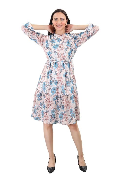 Image of A-Line Floral Printed Fit & Flared Western Brown Dress for Women | One Piece Midi Dress for Women Stylish Western Printed Dresses