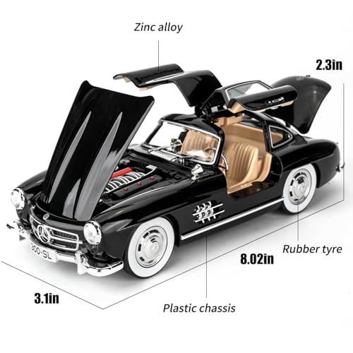 Image of BlackZone 1955 Marcedes- 300sl Vintage Model, 1 /24 Toy Car with Sound and Light Function, Children's Toy Model Car with Pullback Function, Collector's Quality (1:24 Black-01)