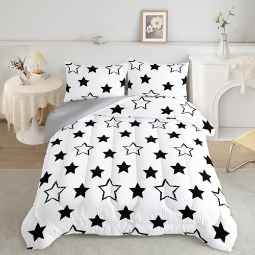 Axolotl Kids Twin Bedding Comforter Set,3Pcs Super Cute Soft Black and White Stars Quilt Set Bed in A Bag with 1 Comforter 2 Pillowcases for Kids Boys Girls Teens Adults Room Decor All Season